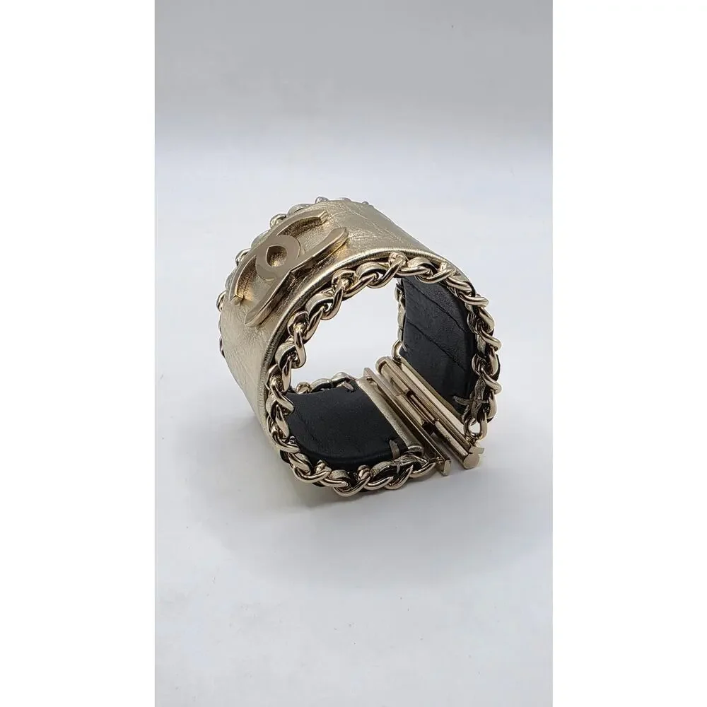 Chanel Gold-tone Leather Interlocking CC Wide Bracelet